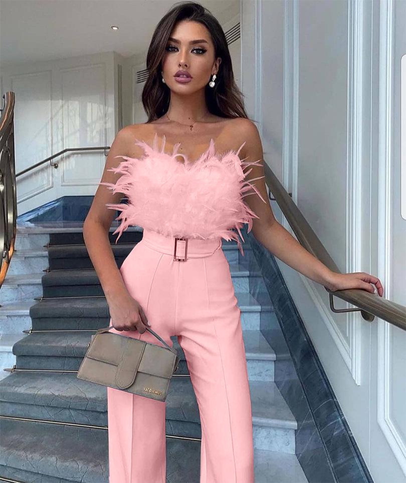 Stylish European & American Feather Strapless Jumpsuit