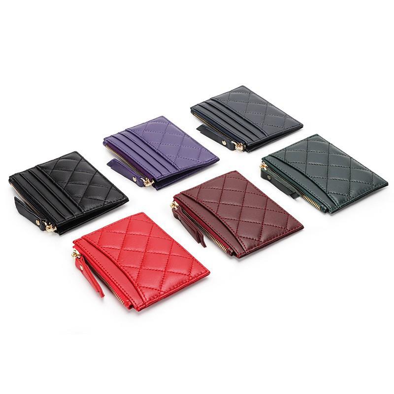 Soft Sheepskin Short Wallet Style Diamond-check Zipper Change Purse Genuine Leather Multi-card ID Bag