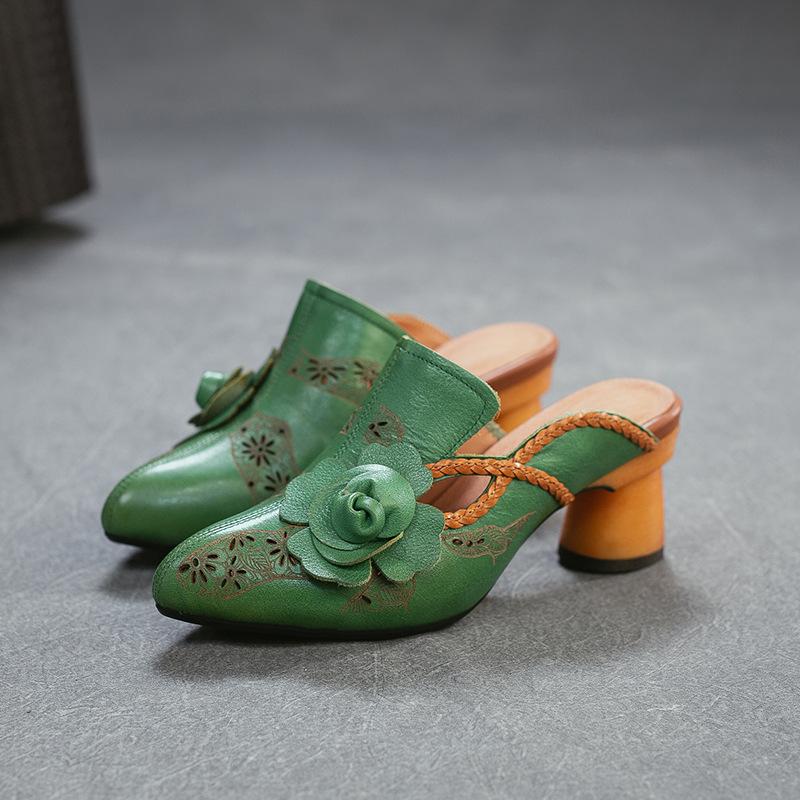 Johnature Vintage Genuine Leather Handmade Flower High Heel Slippers Pointed Toe Women's Shoes