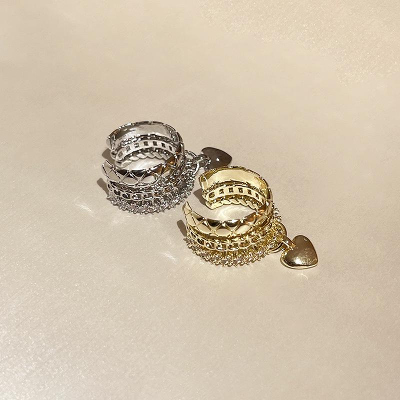 Geometric Zircon Inlaid Heart Ear Clips - Three-Layer Metal, Cold Style, High-End Earrings for Women