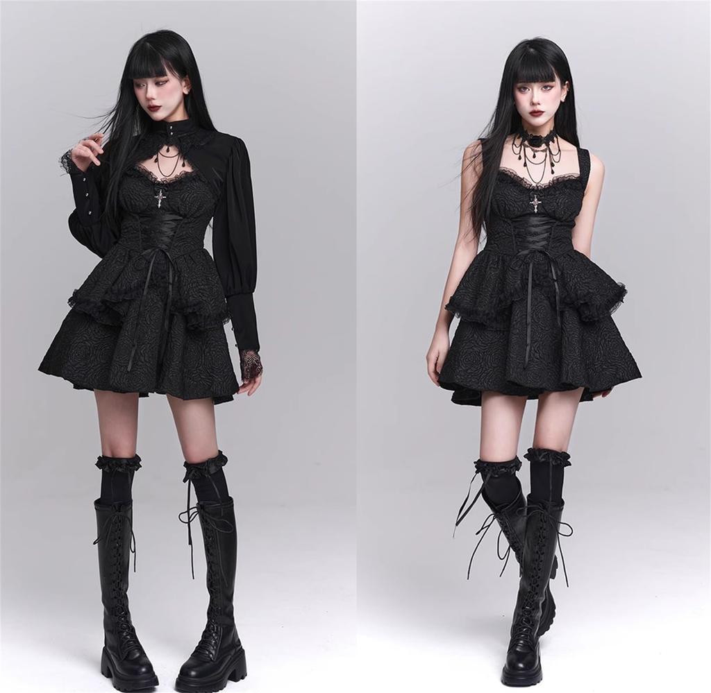 Qichenk Gothic Lolita Langarm Gothic Lolita Gothic Halloween Damenkleid, Spitze, Kostüm, Damenhaft, Kleid, Cosplay, Niedlich, Outfit, Schwarz,