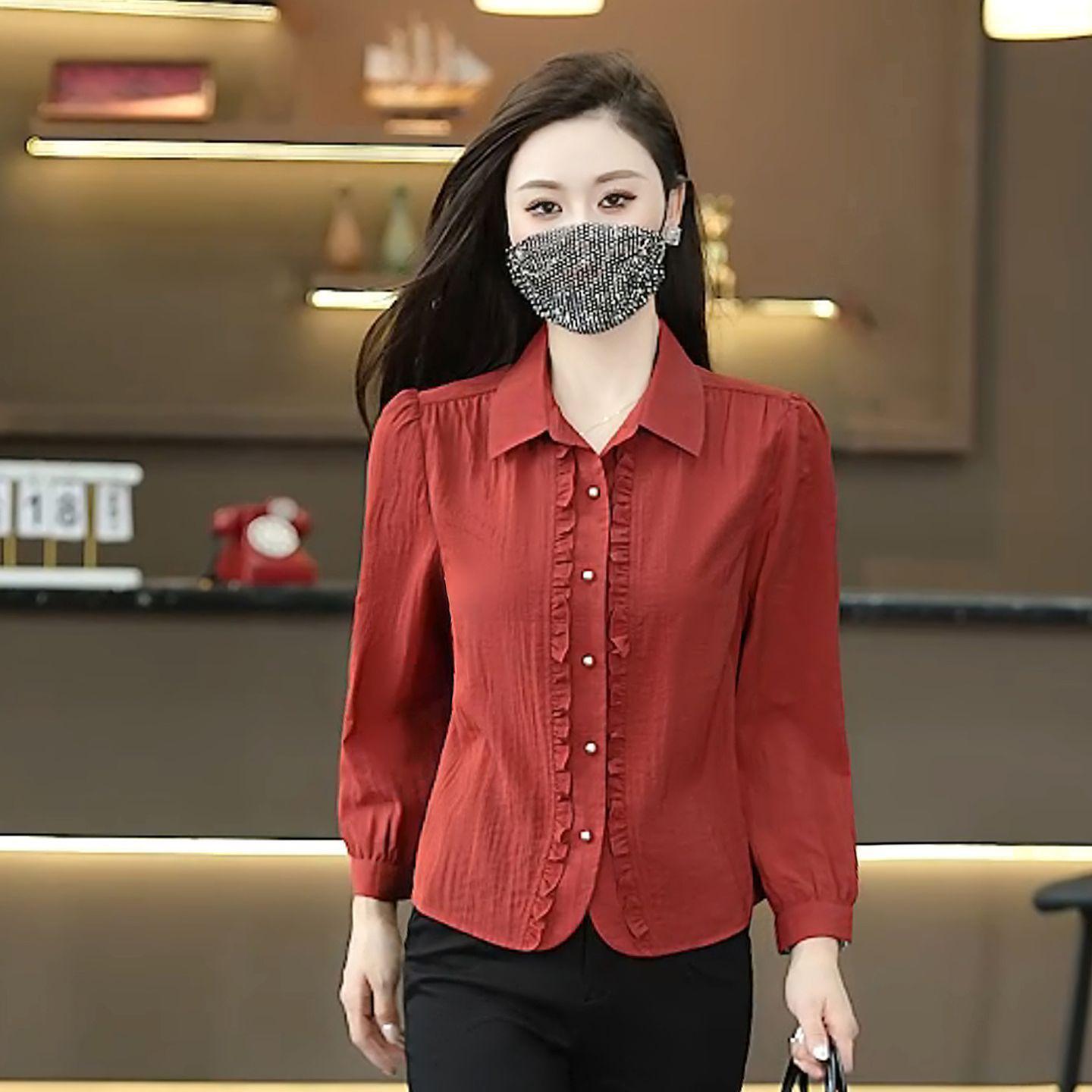2025 Autumn Elegant Slimming Long-Sleeved Versatile Top for Mothers XXXL вино красного