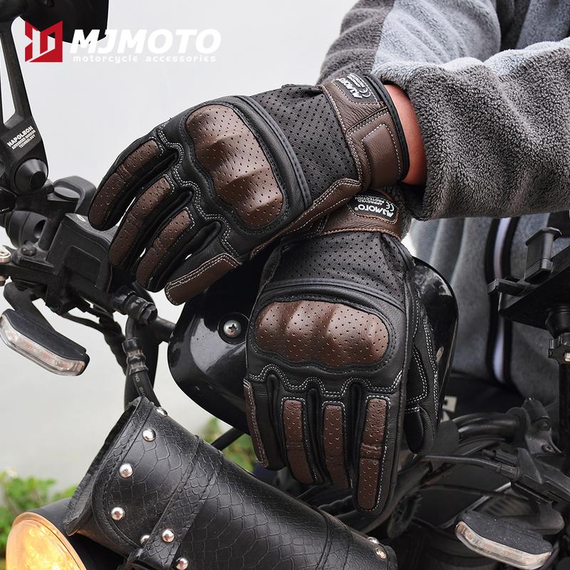Vintage Leather Motorcycle Gloves CE Certification Summer Perforated Motorbike Racing Gloves Touch Screen Motocross Moto Gloves