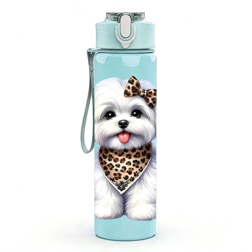 1PC White Poodle Dog Bandana Art 750ml Color Plastic Sports Water Bottle Leakproof Flip Straw Lid Suitable for Sports Office Home Use