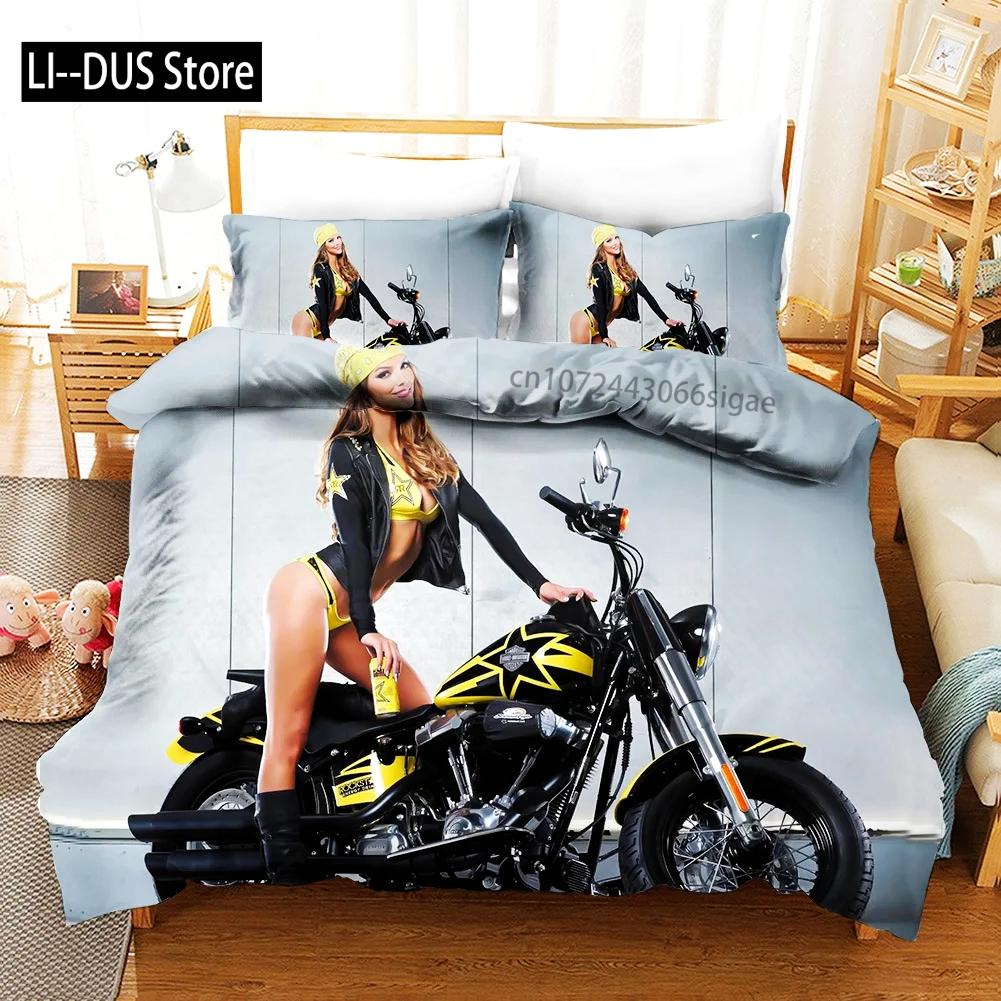 Sexy Girl Motocross Duvet Cover Extreme Sports Theme Bedding Set for Boys Teens Man Microfiber 3D Beauty Queen King Quilt Cover