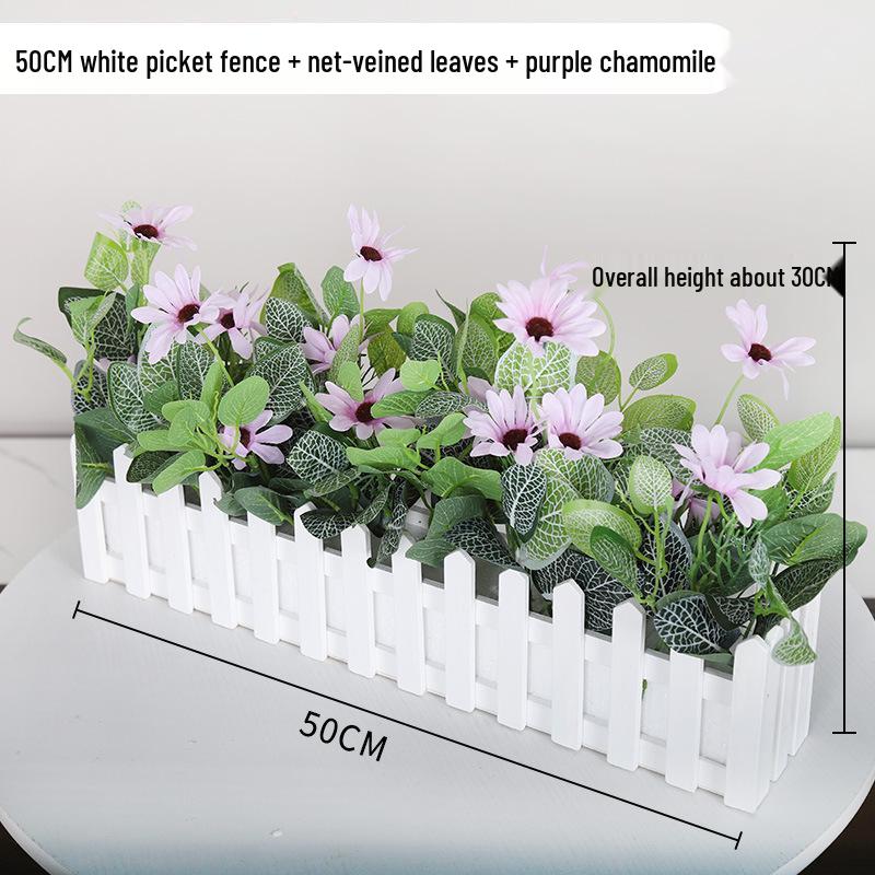 Silk Flower Pot with Wood Fence: Decorative Bonsai for Living Room or Office.