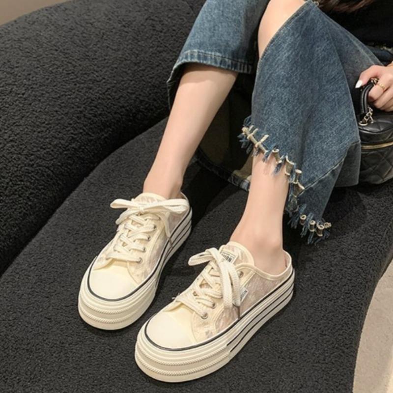 Fashion Summer Women's Shoes Breathable Canvas Slippers Fashion Platform Height Increasing Shoes for Women Casual BaoTou Half Slippers