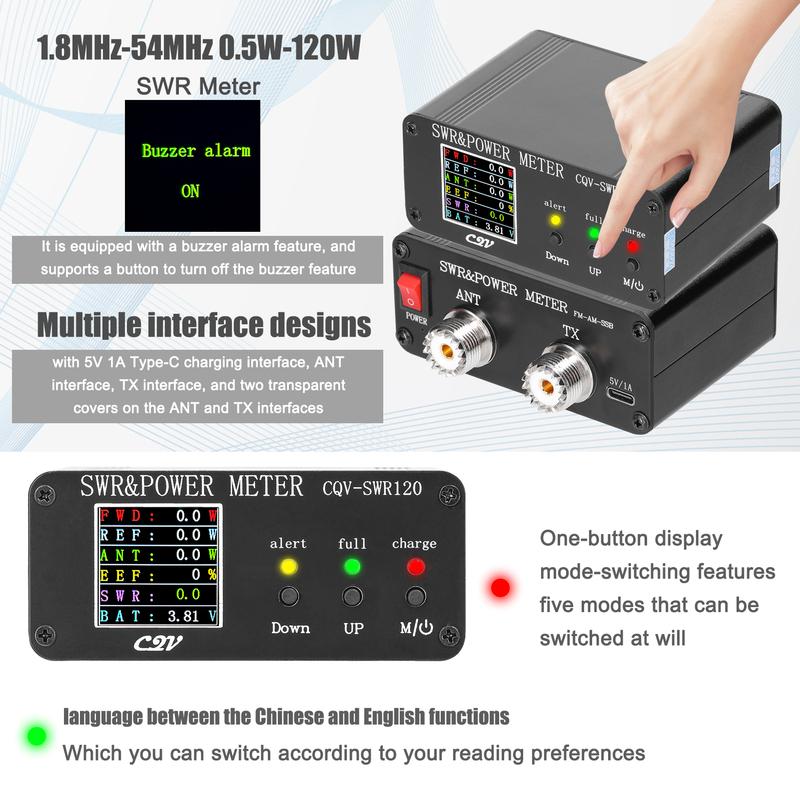 1,8 MHz - 50 MHz Měřič stojatých vln Krátkovlnný Měřič Typ-C Nabíjecí rozhraní FM AM CW SSB SWR 0,5 W - 120 W Měřič SWR a výkonu ve Wattech