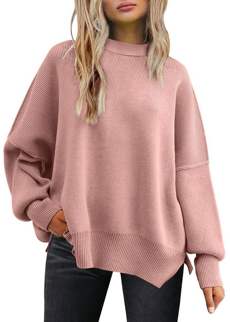 2025 Women's Round Neck Batwing Long Sleeve Knit Sweater with Exposed Seam and Side Slit