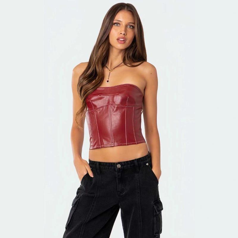 

Edikted Women s Moss Faux Leather Shoelace Corset Autumn Sexy Locomotive Style Faux Leather Short Top Cool Burgundy XS