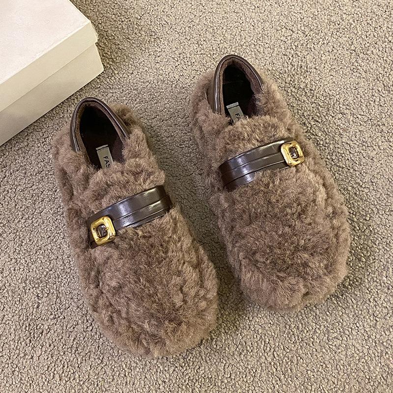 

Черные пушистые туфли для женщин, для ношения осенью и зимой, мягкая подошва, на один педаль, вельветовые теплые ботинки-бини, хлопковые туфли на толстой подошве 40 коричневый