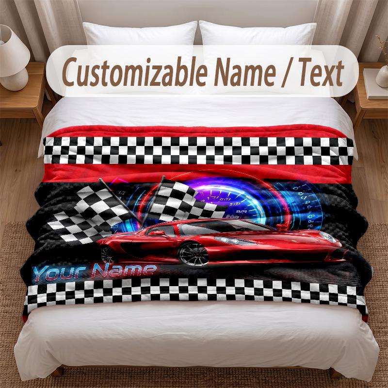 Car Racing Theme Soft Blanket Personalized Custom Name Text Print Warm Blanket Home Sofa Bedroom Decor