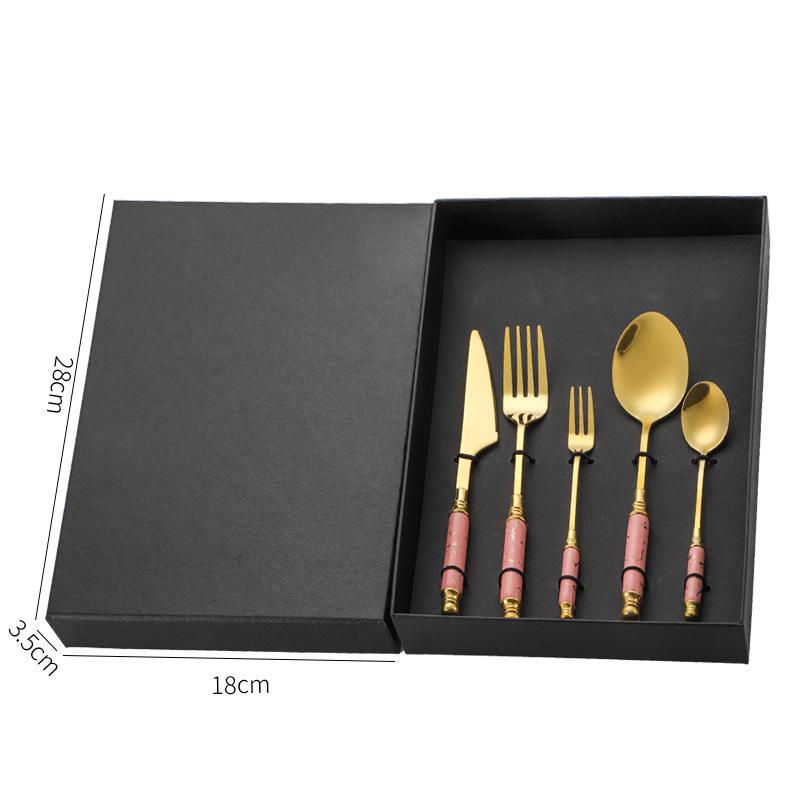Emerald Marble Pattern 5-Piece Cutlery Set: Stainless Steel Knife, Fork, Spoon with Ceramic Handles