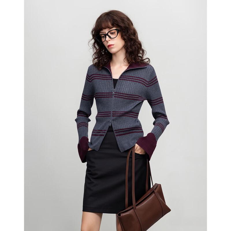 Women's Wool Blend Color Block Zipper Knit Cardigan