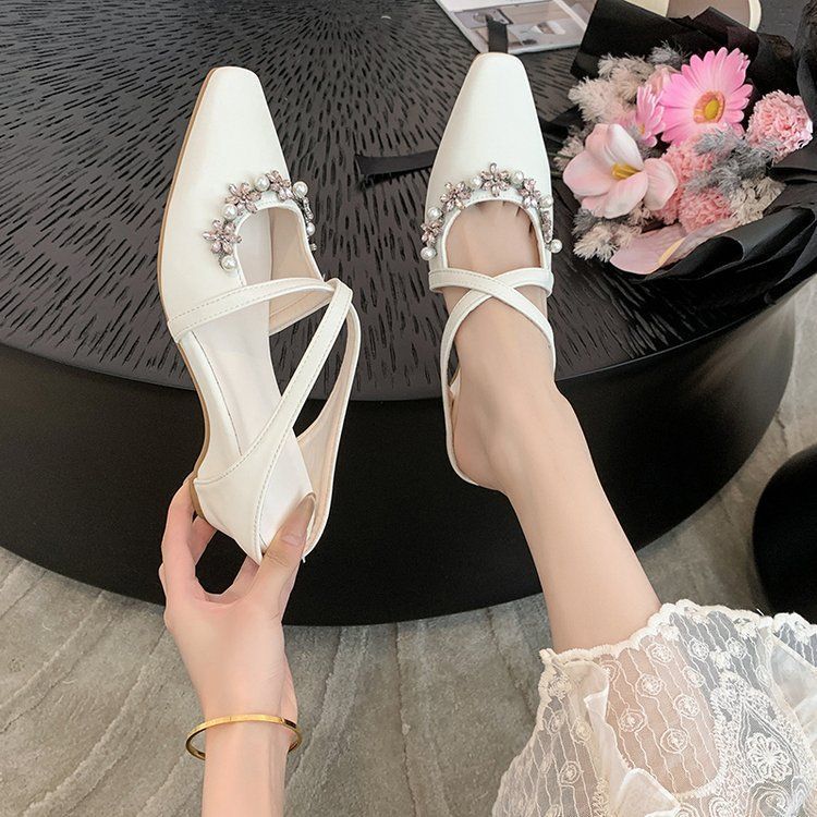 

Soft leather version~ French pearl cross-strapped bag head half slippers with skirt to increase temperament Muller cool slippers women 40