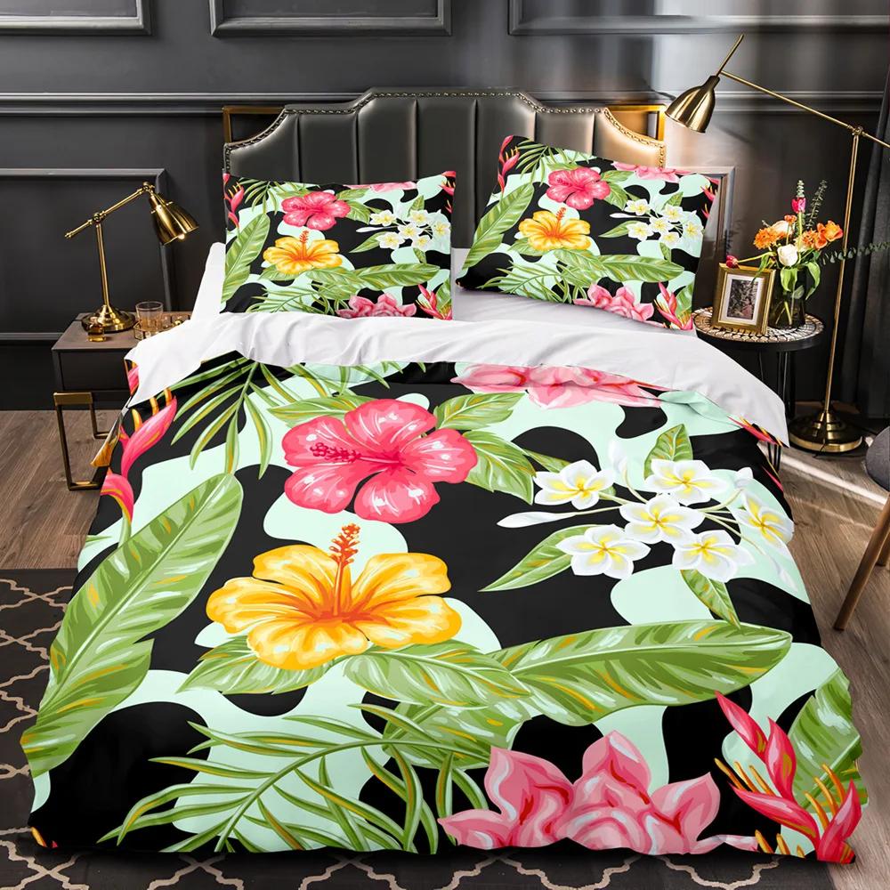 Tropical Plants Floral King Queen Duvet Cover Green Palm Leaves Bedding Set Cream-colored Flowers 2/3pcs Polyester Quilt Cover