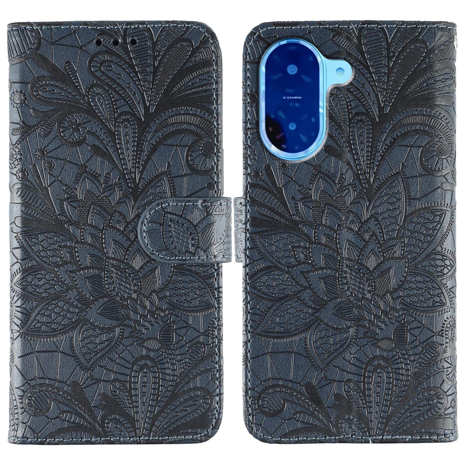 

For Xiaomi Redmi A5 4G (171.7mm)/Poco C71 4G Case Lace Flowers PU Leather Flip Wallet Phone Cover with Wrist Strap Dark Blue