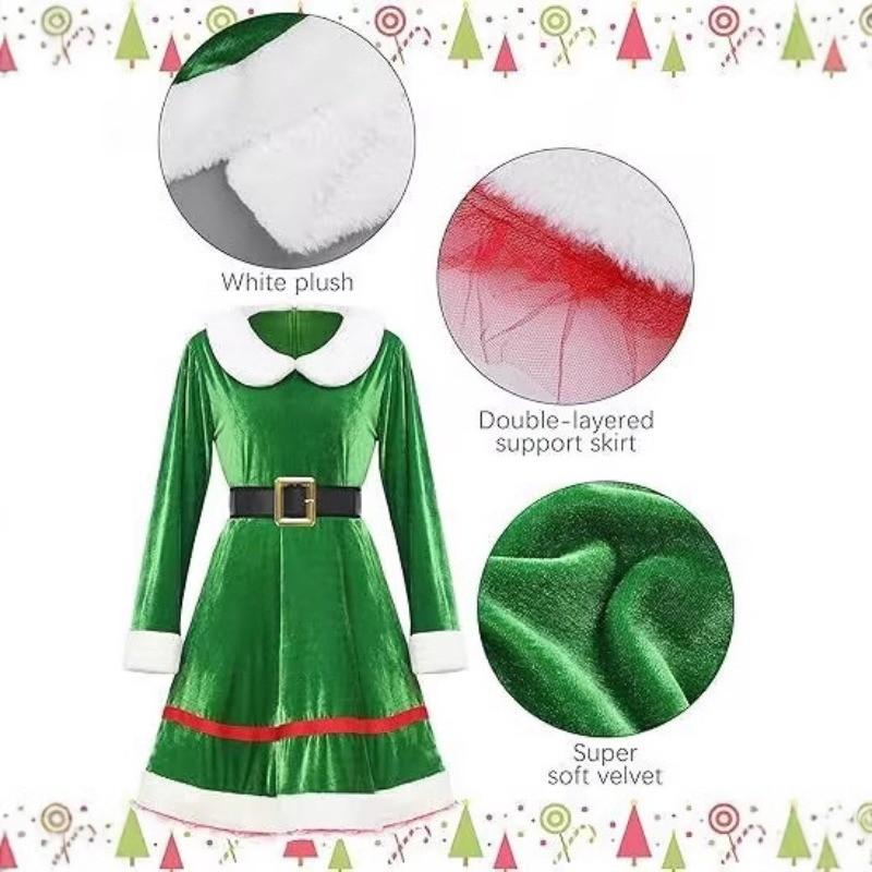Adult Women Santa Claus Xmas Elf Green Dress Socks Hat Sets Christmas New Year Cosplay Costumes Performance Role Play Outfit
