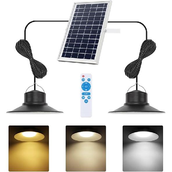 NIORSUN Solar Indoor Lights Outdoor, LED Solar Pendant Lights 3 Color Dimmable Lighting with Remote Control, Gazebo Lights,2x16.4ft Cable IP65