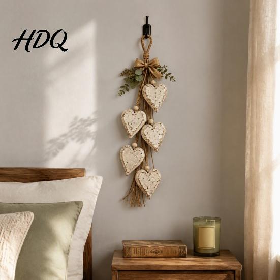 Drewniany Dekor Ścienny Boho Wiejski Wiszący Ser z 5 Warstwami Serc Vintage Drewno Ręcznie Robiona Sztuka ze Sznurka Półka na Drobiazgi do Salonu Sypialni,