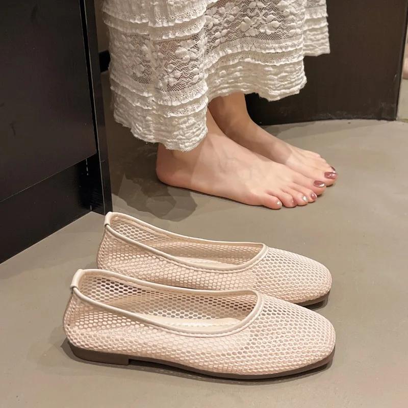 Fashion Mesh Mary Jane Shoes for Women 2025 Spring New Niche Round Toe Shallow Mouth Flat Ballet Shoes Women Sandals