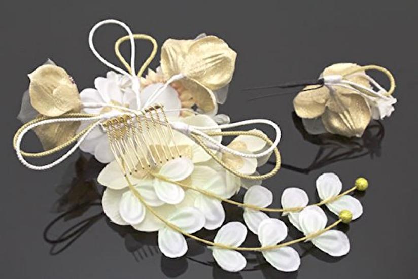 (Soubien) Hair Ornament Set of 2: Flower, Tsumami-zaiku (traditional Japanese fabric flower making), Mizuhiki (decorative cord), Glitter, Corsage,