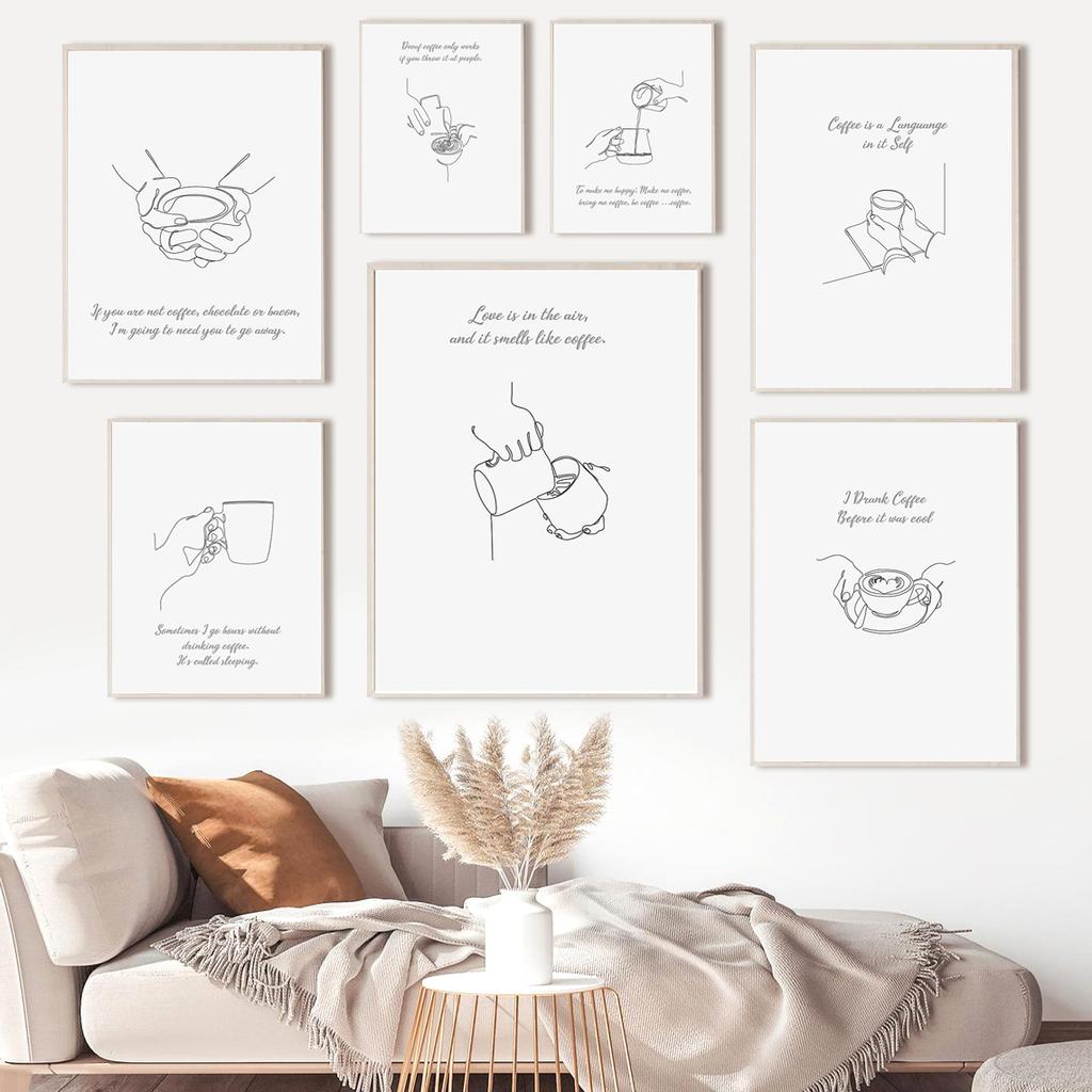 Abstract Line Drawing Coffe Poster Funny Quotes Kitchen Decorative Paintings Canvas Nordic Wall Art Picture Home Cafe Decoration