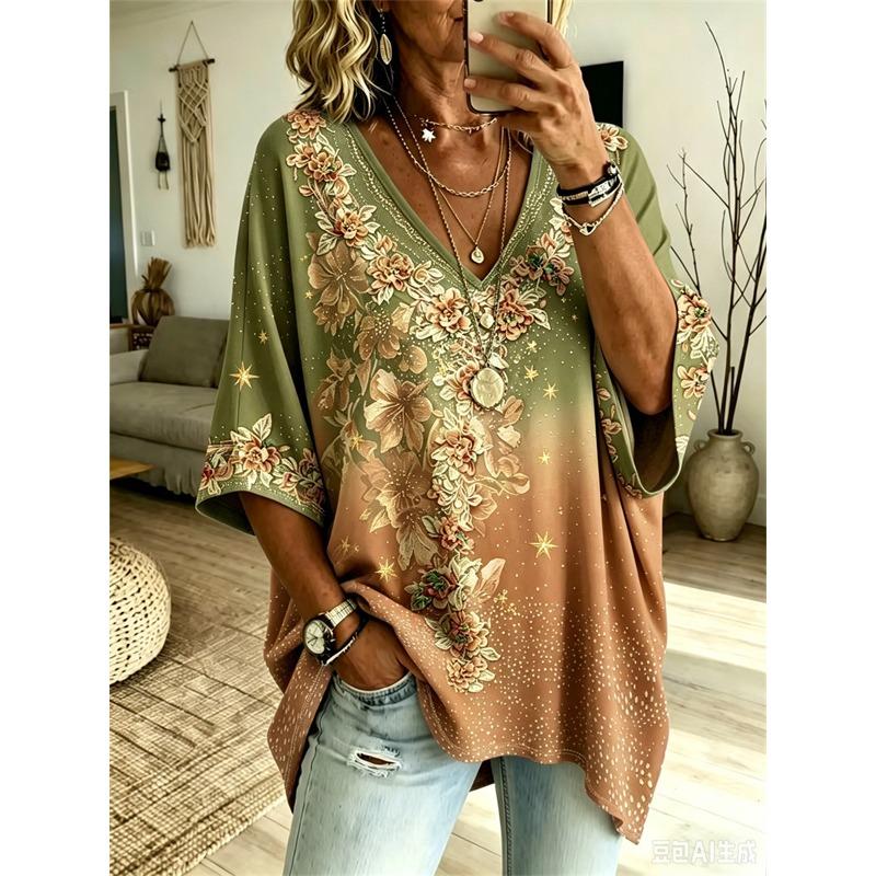 Plus Size Dame V-hals Flagermusærme T-shirt Boheme Etnisk Print Løs Top Sommer Komfortabel Åndbar Daglig Pendling Afslappet Slankende Stil