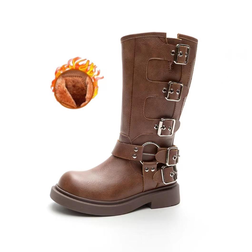 

Girls Brown Multi-Buckle Western Cowboy Knight Boots - Soft Leather, Thick Sole, Retro Martin Style 28
