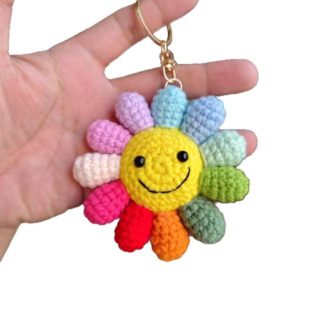 Handmade Wool Sunflower Keychain with Smiley Pendant - Colorful Ornament for Bags & Cars