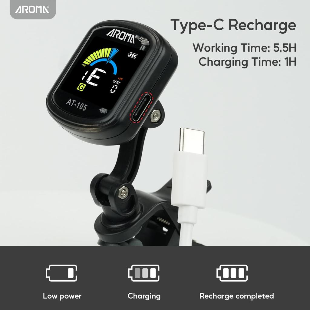 Aroma Clip Fast High Chromatic Color Compatible with and with Silicone Clamp Tuner, Rechargeable, Tuning, Accuracy, Mode, 360° Rotation, LCD, Guitar,