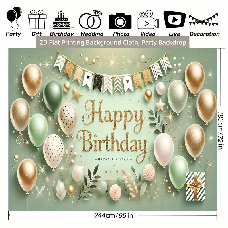 2D Sage Green Gold Happy Birthday Backdrop Banner, 8x6ft Party Background