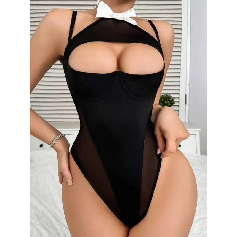 Sexy Black Mesh Bodysuit With White Bow Tie Detail Push Up Bra Design Lingerie Outfit For Women One Piece Bodysuit Charming PW8H