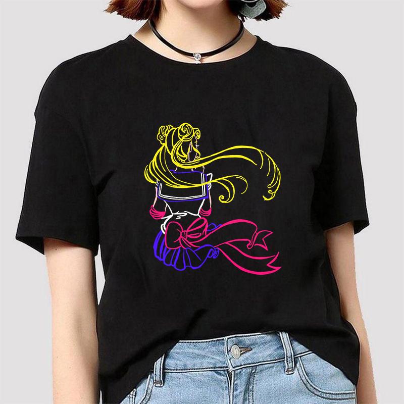 Anime Sailor Moon 18 Different Patterns Summer Printed Casual Black Short Sleeves Cotton Tops O Neck Women T Shirts