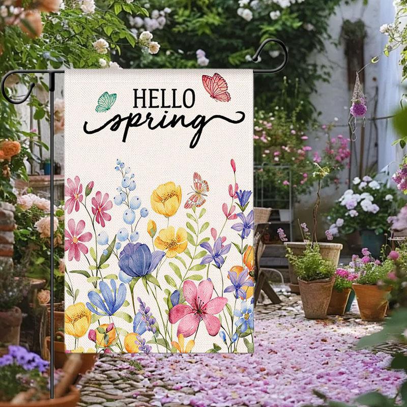 Floral Welcome Garden Flag Double Sided Spring Outdoor Decorative Linen Yard Banner with Letter Print for Porch and Patio