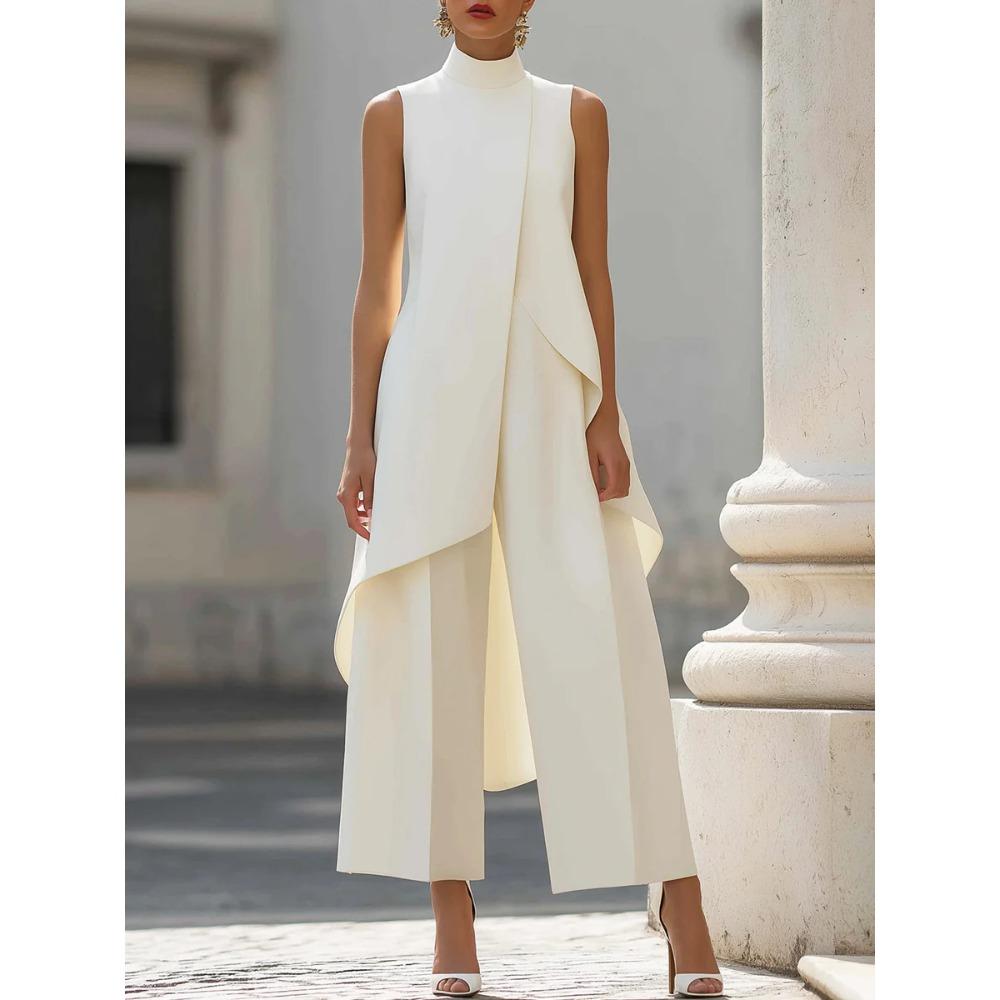 Damen Hochgeschlossene Ärmellose Asymmetrische Oberteile Weite Hosenanzüge Elegantes Büro Zweiteiliges Kombinations-Outfit-Set Für Formelle Tägliche Kleidung 2XL apricot