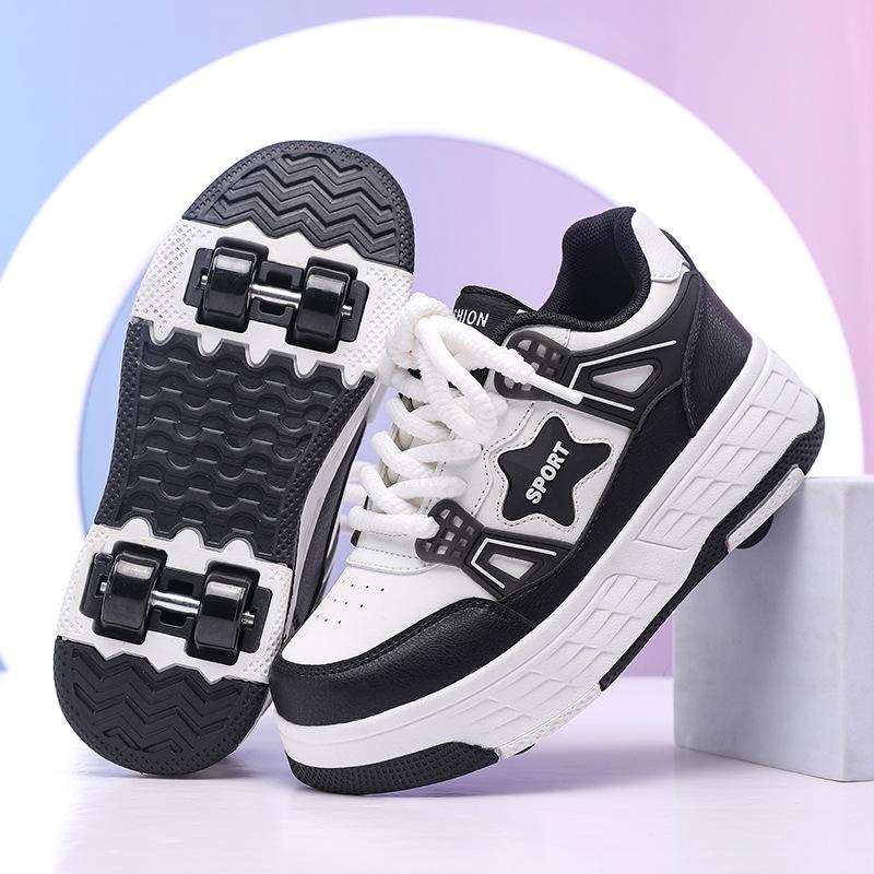 Chaussures Vélo Garçons Filles Adolescents Baskets à Roulettes Chaussures à Poulie Invisible Quatre Roues Amovibles Chaussures Vélo