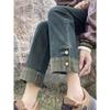 Women's Cement Gray High Waist Straight Leg Jeans, 2024 Spring/Autumn, Petite Fit, Spliced Design, Loose, Slimming.