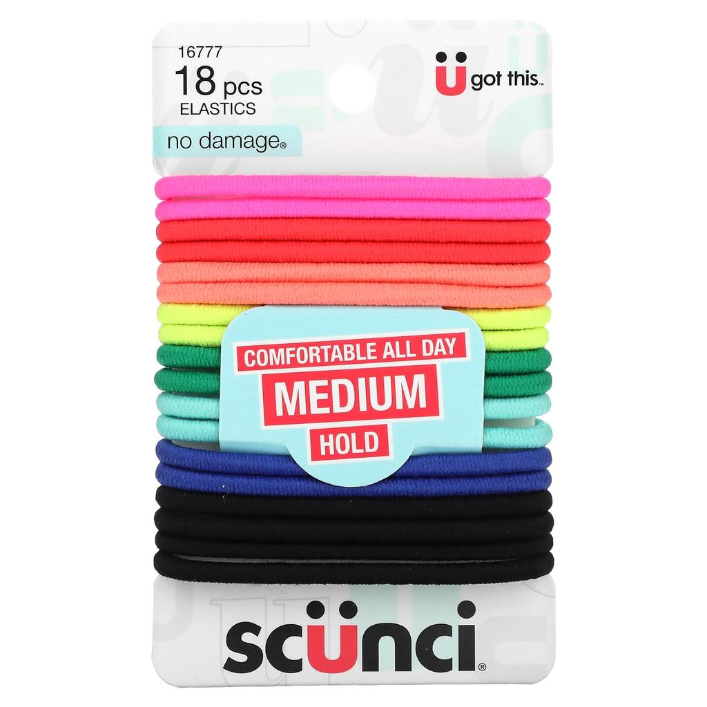 Scunci Schadensfreie Haargummis, bequem, ganztägiger mittelfester Halt, leuchtende Farben, 18 Stück