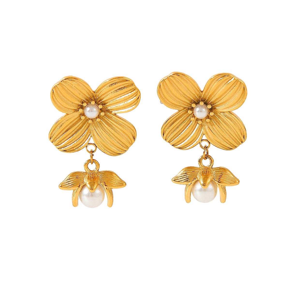 New 18k Gold Plated Stainless Steel Flower Stud Earrings for Women, Vintage Elegant Pearl Earrings, Titanium Steel Jewelry