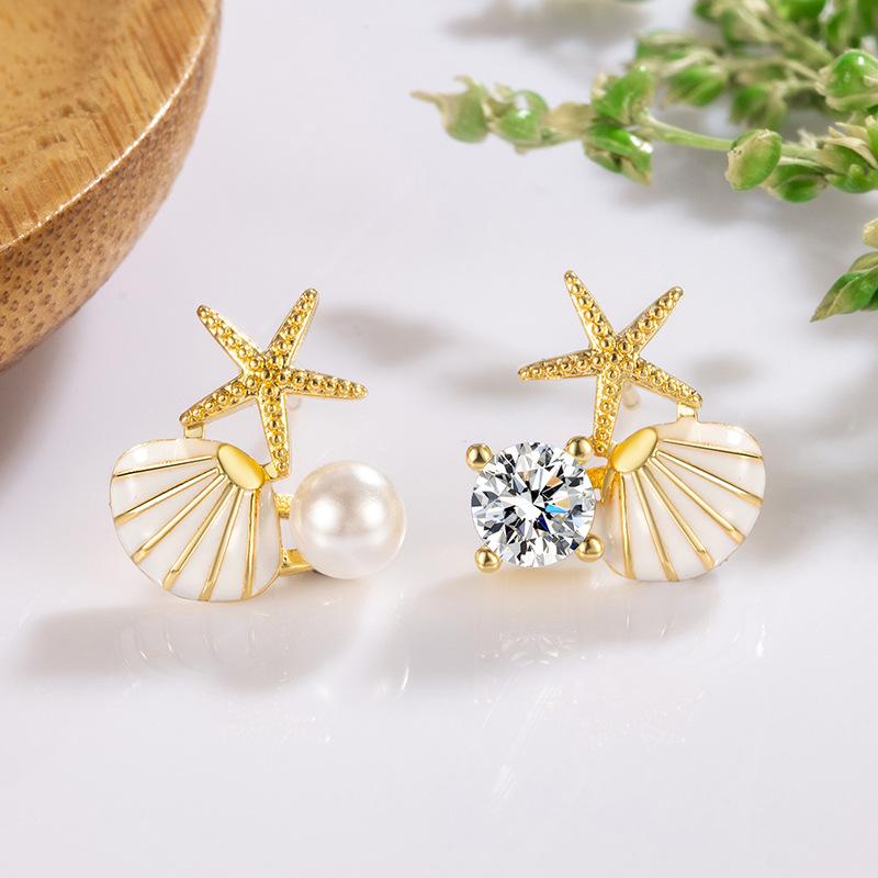 Cute Small Starfish Shell Stud Earrings for Women Asymmetric Rhinestones Imiation Zircon Charms Earrings Trendy Sweet Zircon