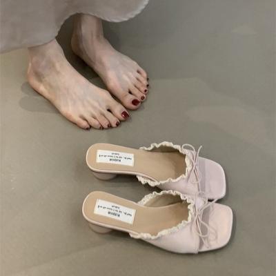 2025 New Summer Women Square Toe Slippers Fashion Lace Dress Slide Shoes Ladies Concise Outdoor Beach Vacation Sandalias