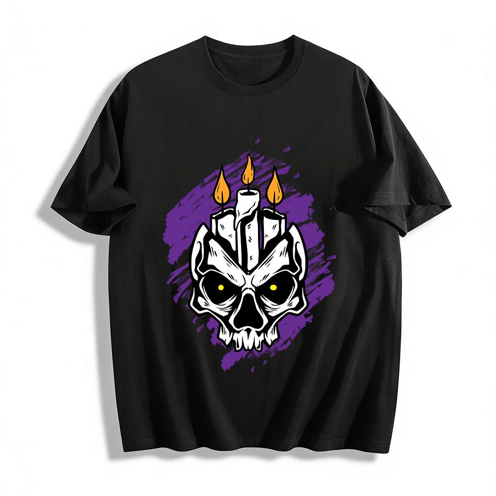Dark Skull Candle Flame Graphic Print Casual Top Pure cotton T-shirt XXS