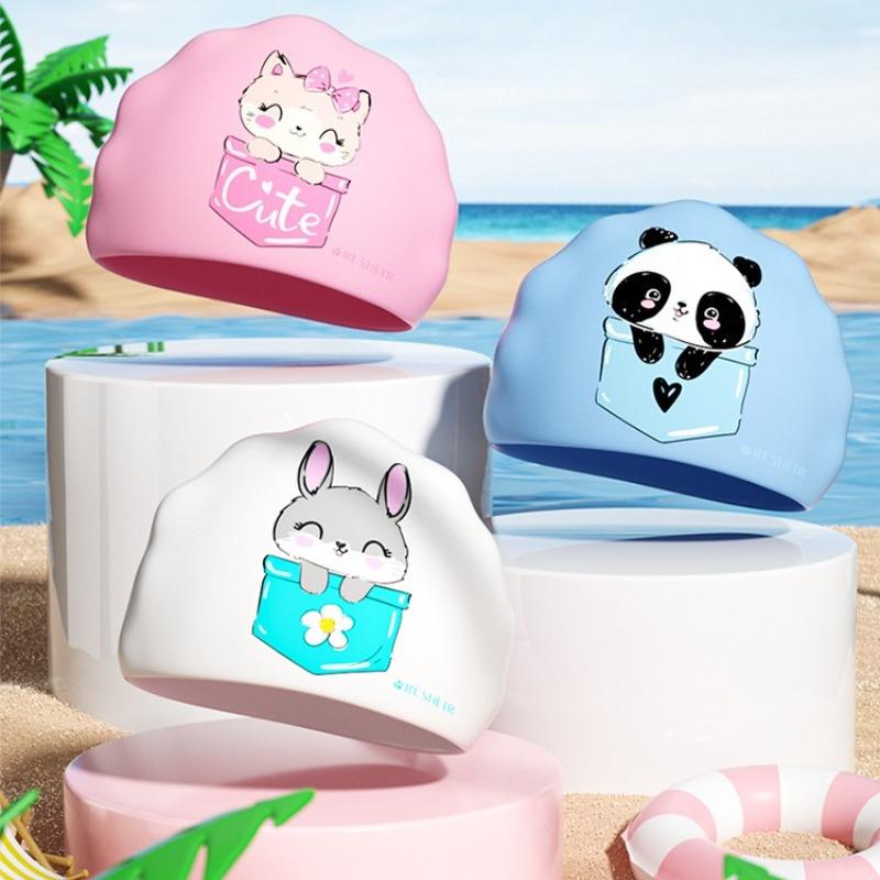 Large Swimming Caps Kids Ear Protection Long Hair Waterproof Silicone Swim Cap Swimming Hats Carton Print Swimming Accessories