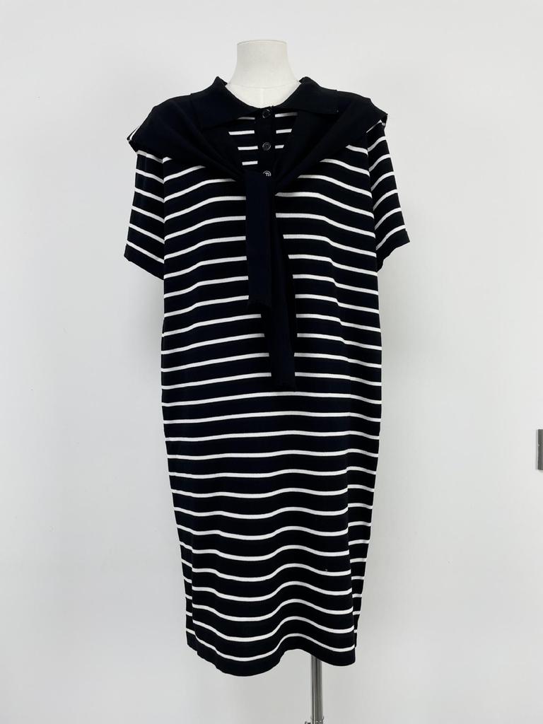 Women's Plus Size Striped Polo Collar Knitted Dress with Shawl - Short Sleeve Long Dress