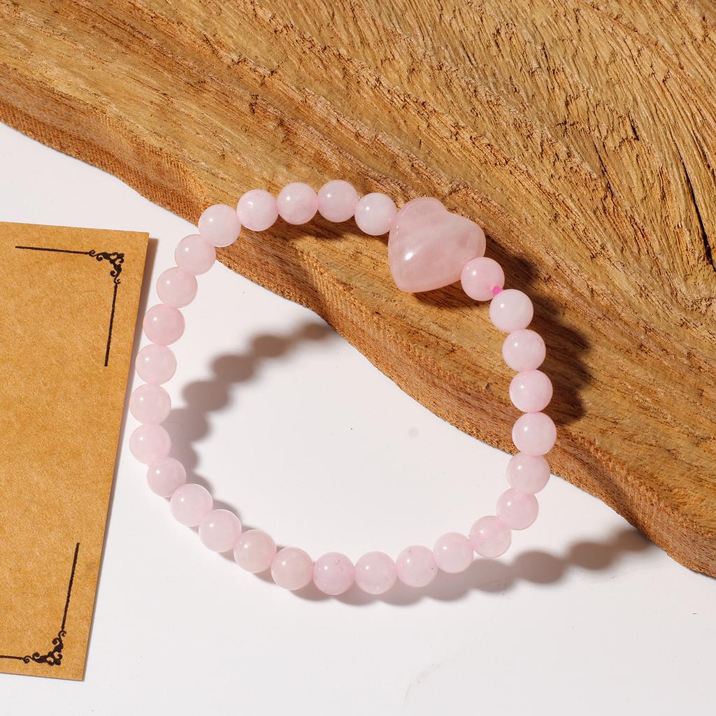 Festive Gifts Rose Quartz Beaded Bracelet With Heart Charm Sweet Fashion Jewelry For Women Daily Wear Simple Versatile Accessory