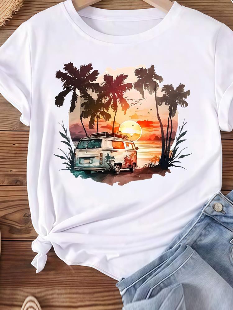 (Asian Size) beach trend 90s Women Tee Top Clothing Casual T Shirt Fashion Printed Lady Female Graphic  Short Sleeve T-shirts