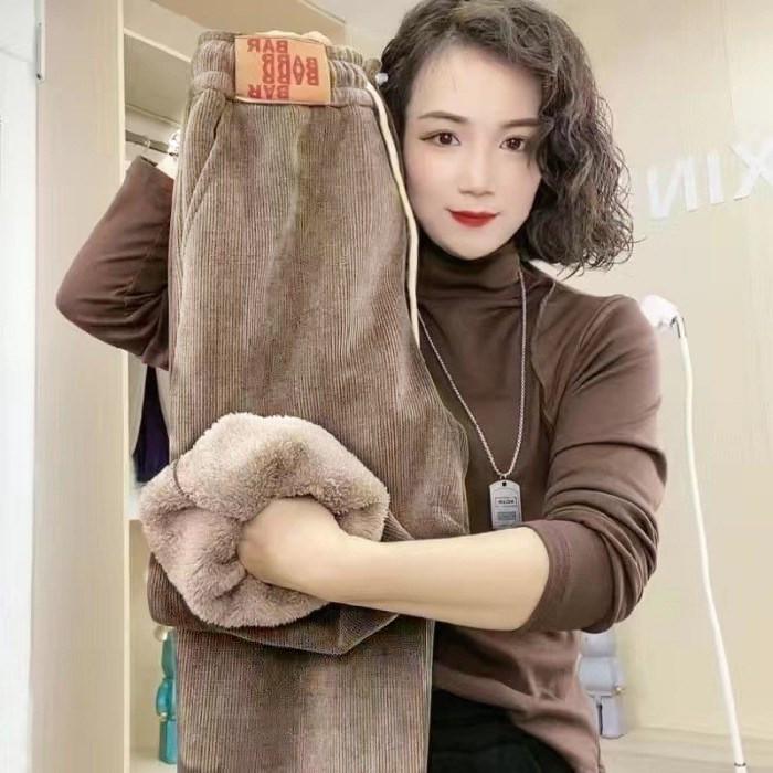 Women's Winter Cotton-Velvet Sweatpants: Loose, Warm, Casual Lambskin for Female Students