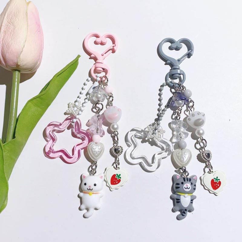 Y2K Creative Personality Kitten Keychain Cute Cartoon Cat Keyring Phone Lanyard Ins Style Girly Key Holder Camera Pendant