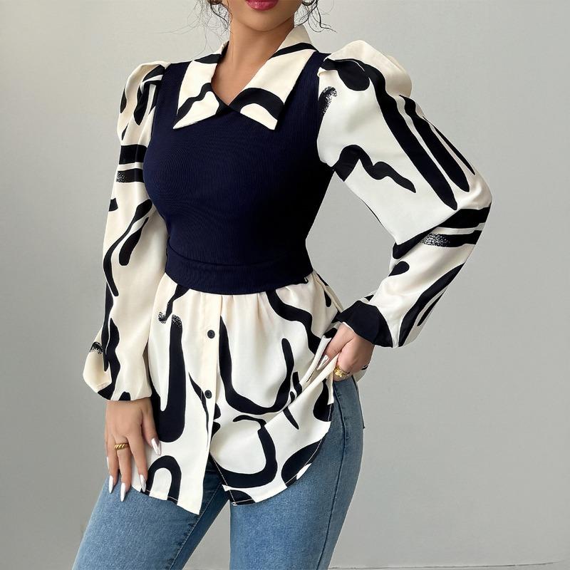 

Летняя женская рубашка с длинными рукавами в стиле «отпуск и повседневный стиль» с принтом в стиле пэчворк XL чёрный